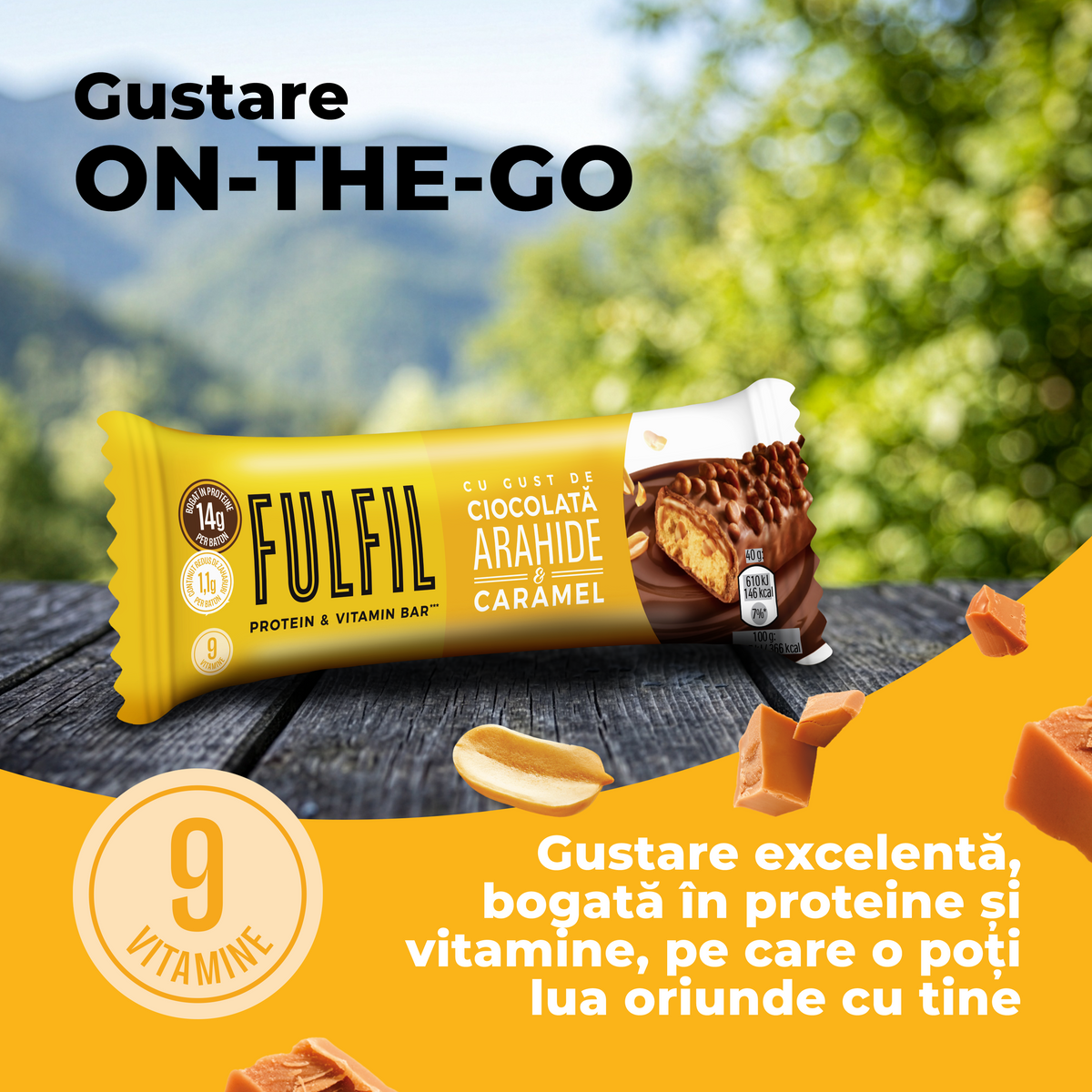 Baton bogat în proteine cu gust de ciocolată, arahide și caramel - 15x40g