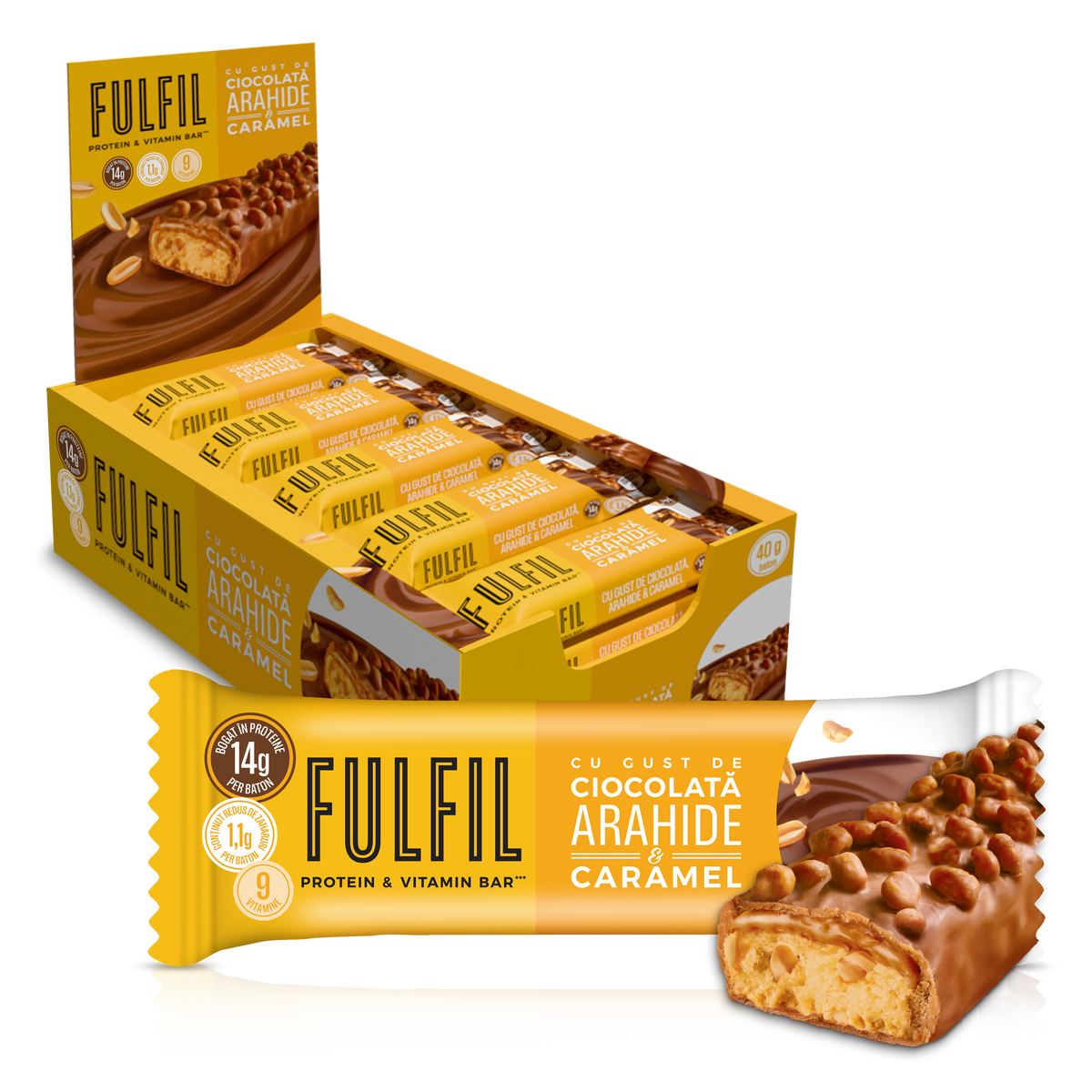 Baton bogat în proteine cu gust de ciocolată, arahide și caramel - 15x40g